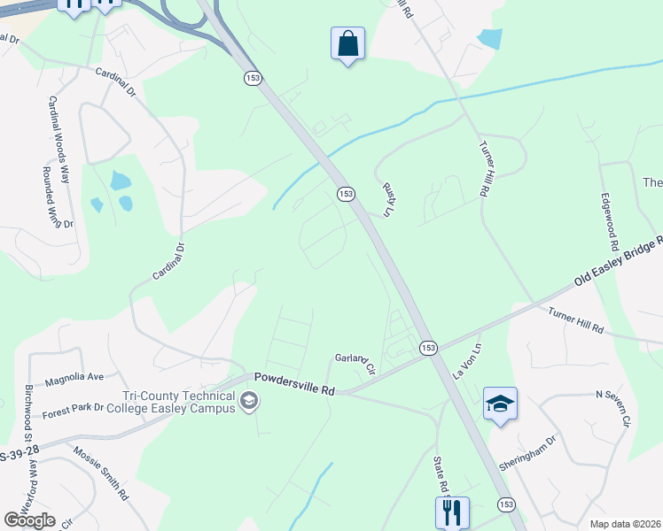 map of restaurants, bars, coffee shops, grocery stores, and more near 933 Cardinal Drive in Easley