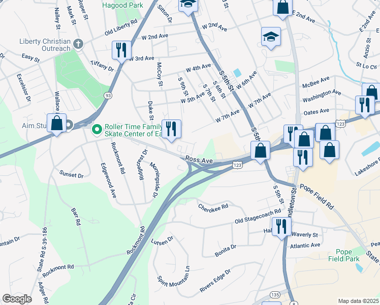map of restaurants, bars, coffee shops, grocery stores, and more near 817 West 7th Avenue in Easley