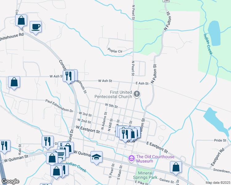 map of restaurants, bars, coffee shops, grocery stores, and more near 651 North Mill Street in Iuka