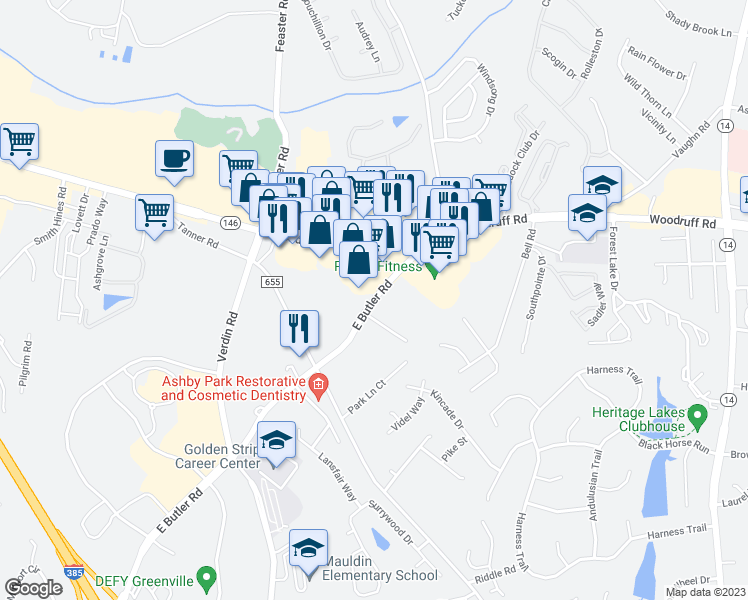 map of restaurants, bars, coffee shops, grocery stores, and more near 1244 East Butler Road in Greenville
