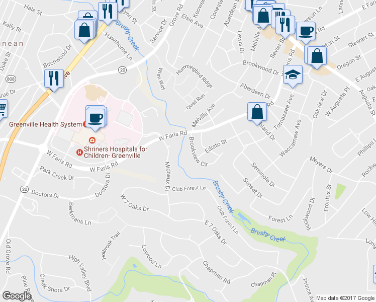 map of restaurants, bars, coffee shops, grocery stores, and more near 8 Brookview Circle in Greenville