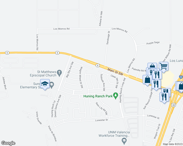 map of restaurants, bars, coffee shops, grocery stores, and more near 107 Big Sky Avenue Southwest in Los Lunas