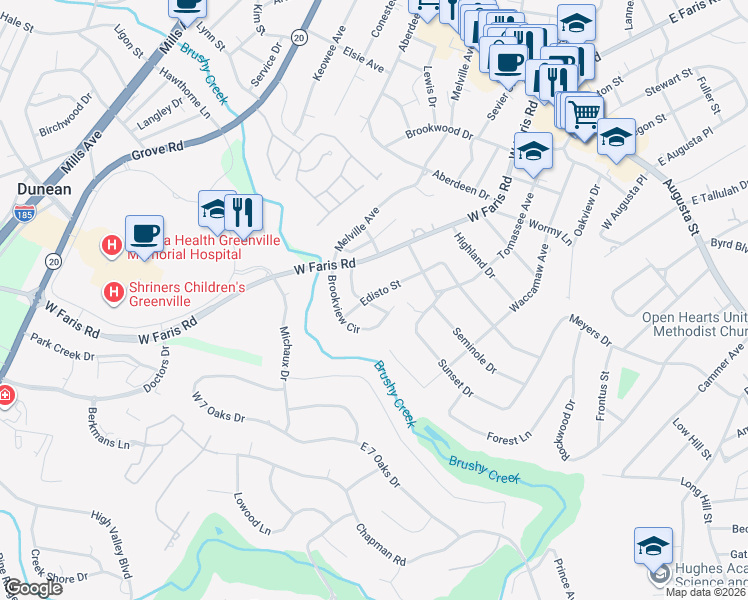 map of restaurants, bars, coffee shops, grocery stores, and more near 16 Edisto Street in Greenville