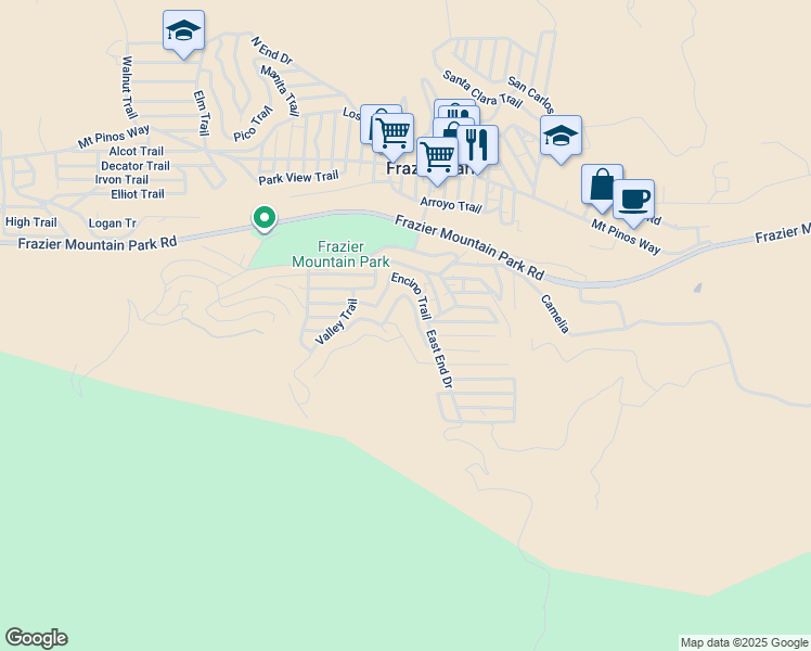 map of restaurants, bars, coffee shops, grocery stores, and more near 259 South End Drive in Frazier Park