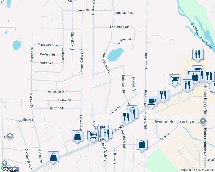 map of restaurants, bars, coffee shops, grocery stores, and more near 6201 Homestead Road in Huntsville