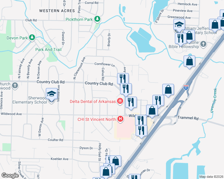 map of restaurants, bars, coffee shops, grocery stores, and more near 1318 Huntsmoor Road in Sherwood