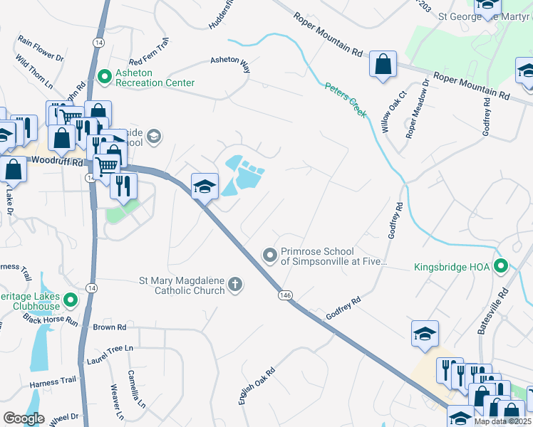 map of restaurants, bars, coffee shops, grocery stores, and more near 19 Glencove Court in Simpsonville