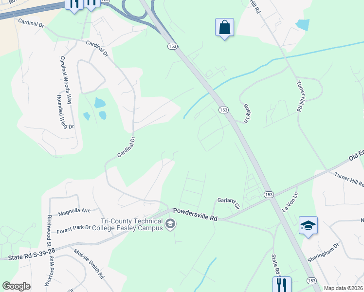 map of restaurants, bars, coffee shops, grocery stores, and more near 150 Landis Road in Easley