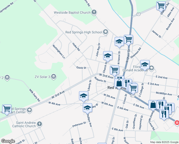 map of restaurants, bars, coffee shops, grocery stores, and more near Harrington Street in Red Springs