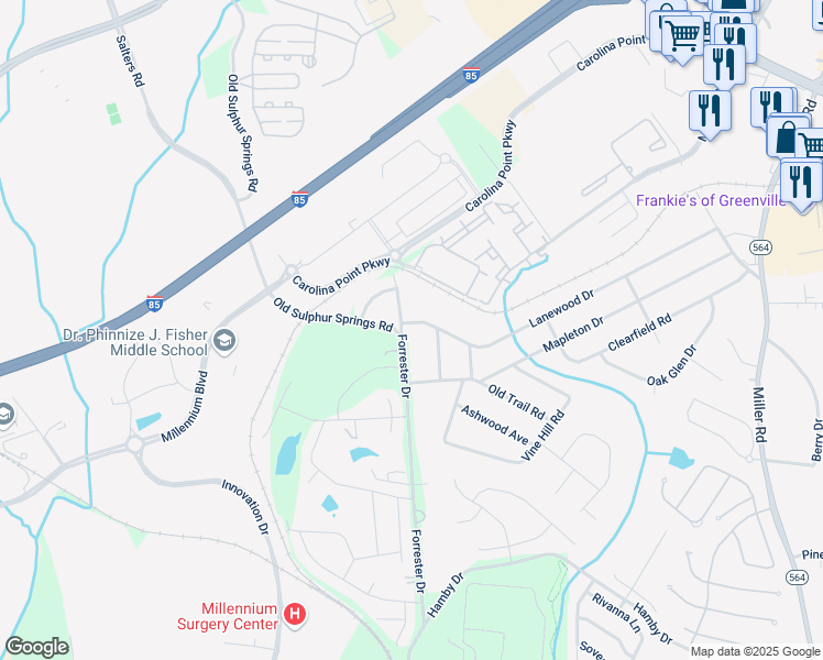 map of restaurants, bars, coffee shops, grocery stores, and more near 3 Lanewood Drive in Greenville