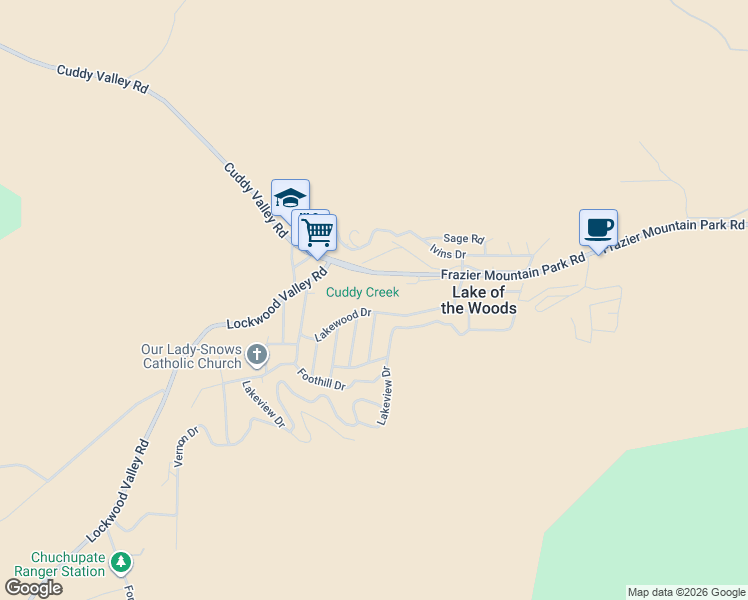 map of restaurants, bars, coffee shops, grocery stores, and more near 6900 Frazier Mountain Park Road in Frazier Park