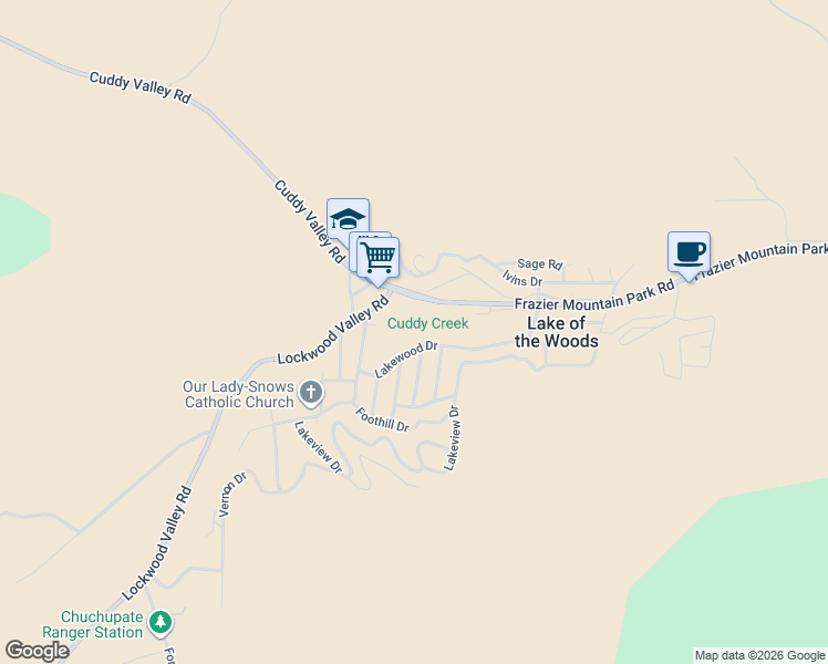 map of restaurants, bars, coffee shops, grocery stores, and more near 6900 Frazier Mountain Park Road in Frazier Park