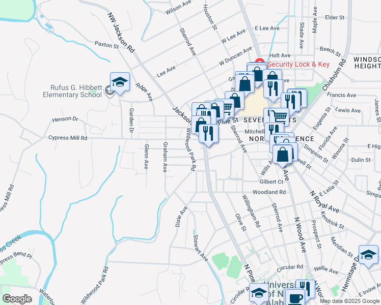 map of restaurants, bars, coffee shops, grocery stores, and more near 1226 Wildwood Park Road in Florence