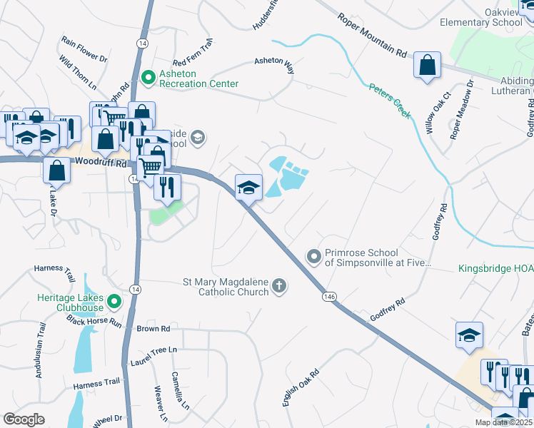 map of restaurants, bars, coffee shops, grocery stores, and more near 10 Ruby Lake Lane in Simpsonville