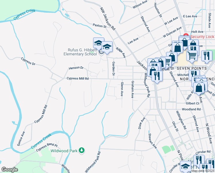 map of restaurants, bars, coffee shops, grocery stores, and more near 611 Cypress Mill Road in Florence