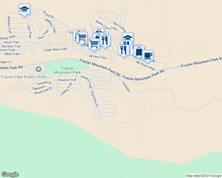 map of restaurants, bars, coffee shops, grocery stores, and more near 3408 Iowa Trail in Frazier Park