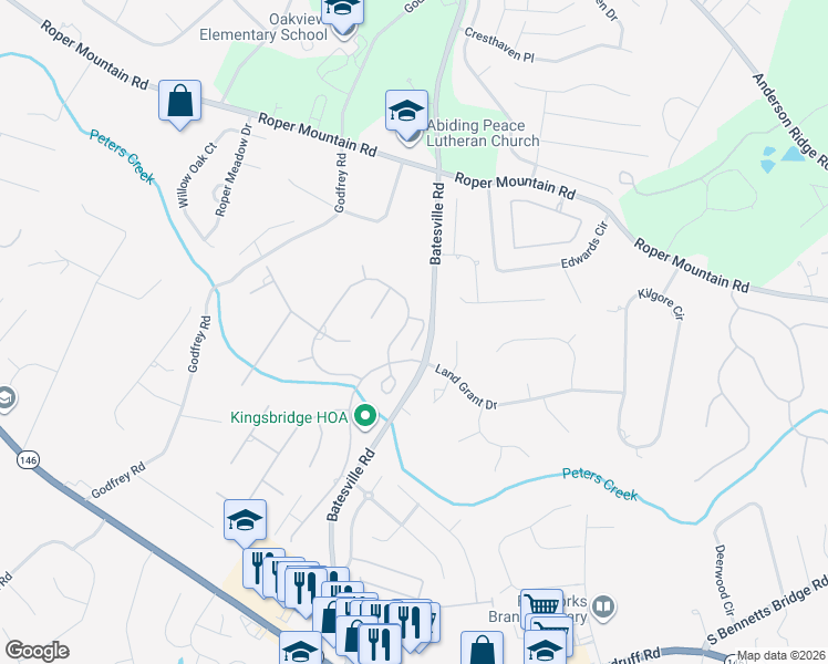 map of restaurants, bars, coffee shops, grocery stores, and more near 12 Hemingford Circle in Simpsonville