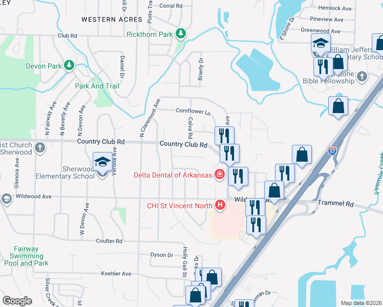 map of restaurants, bars, coffee shops, grocery stores, and more near 1403 Country Club Road in Sherwood