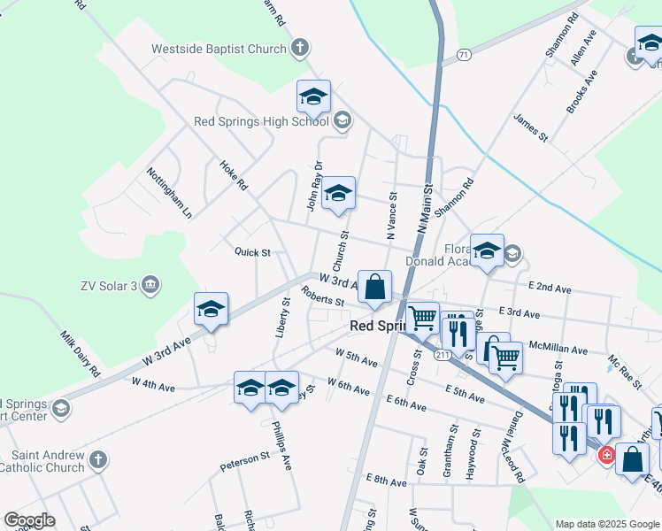 map of restaurants, bars, coffee shops, grocery stores, and more near 107 Church Street in Red Springs