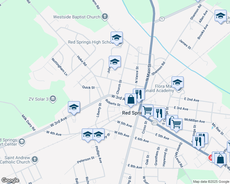 map of restaurants, bars, coffee shops, grocery stores, and more near 107 Church Street in Red Springs