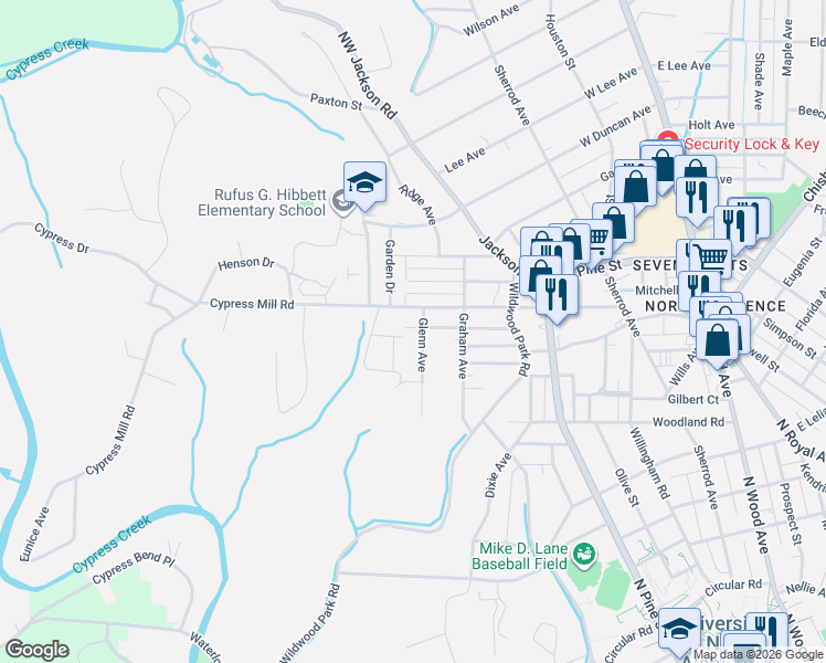 map of restaurants, bars, coffee shops, grocery stores, and more near 549 Cypress Mill Road in Florence
