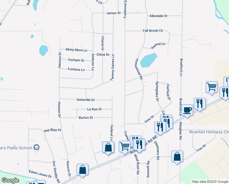 map of restaurants, bars, coffee shops, grocery stores, and more near 215 Federal Lane in Huntsville