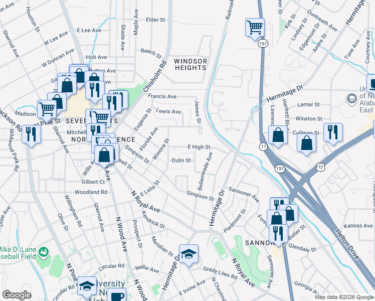 map of restaurants, bars, coffee shops, grocery stores, and more near 523 East High Street in Florence