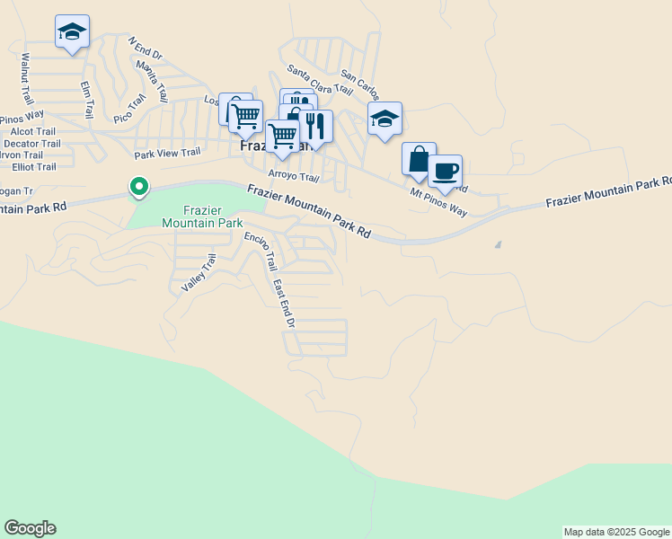 map of restaurants, bars, coffee shops, grocery stores, and more near 3408 Iowa Trail in Frazier Park