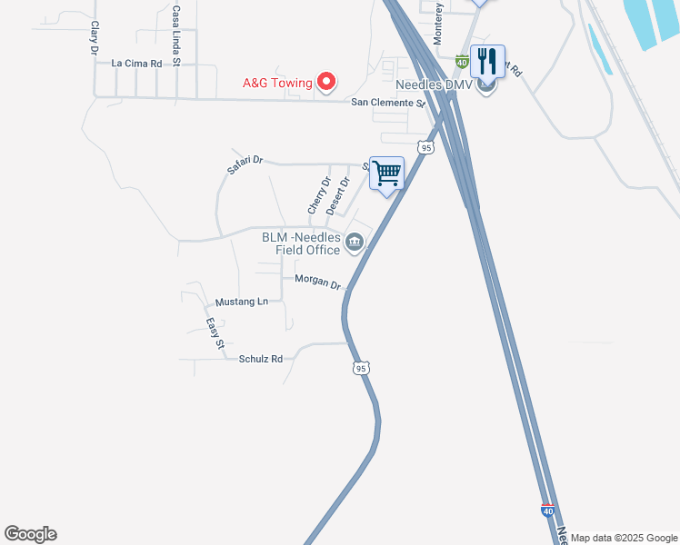 map of restaurants, bars, coffee shops, grocery stores, and more near 100 Morgan Drive in Needles