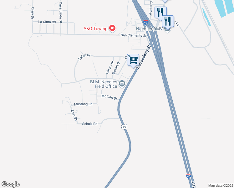 map of restaurants, bars, coffee shops, grocery stores, and more near 100 Morgan Drive in Needles