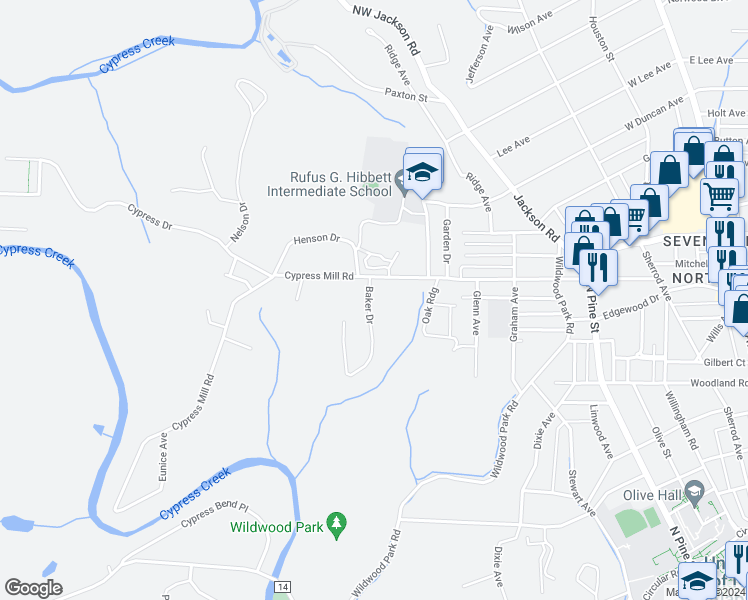 map of restaurants, bars, coffee shops, grocery stores, and more near 107 Baker Drive in Florence