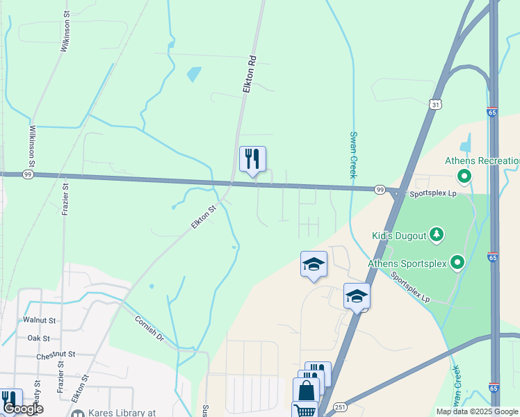map of restaurants, bars, coffee shops, grocery stores, and more near 1001 Garrett Drive in Athens