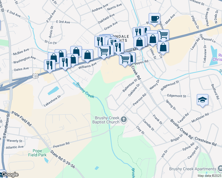 map of restaurants, bars, coffee shops, grocery stores, and more near 220 Joes Court in Easley