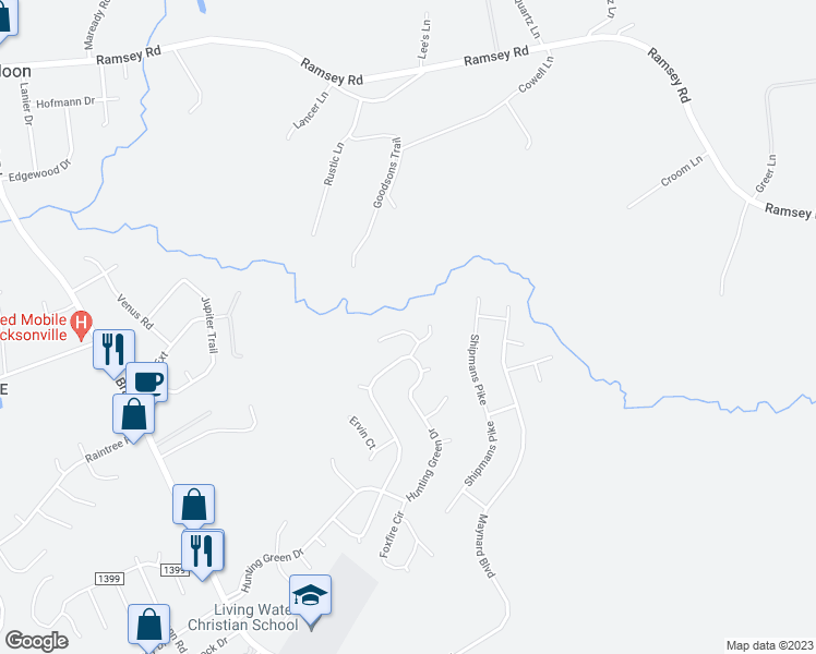 map of restaurants, bars, coffee shops, grocery stores, and more near 1004 Ridgecrest Lane in Jacksonville