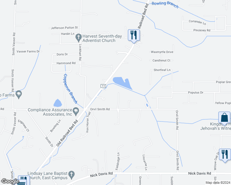 map of restaurants, bars, coffee shops, grocery stores, and more near 114 Pine Knoll Lane in Harvest