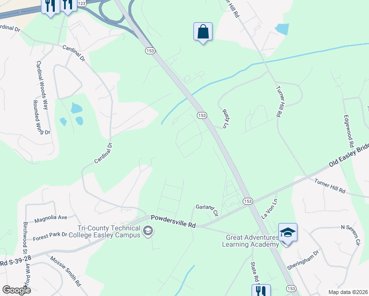 map of restaurants, bars, coffee shops, grocery stores, and more near 933 Cardinal Drive in Easley