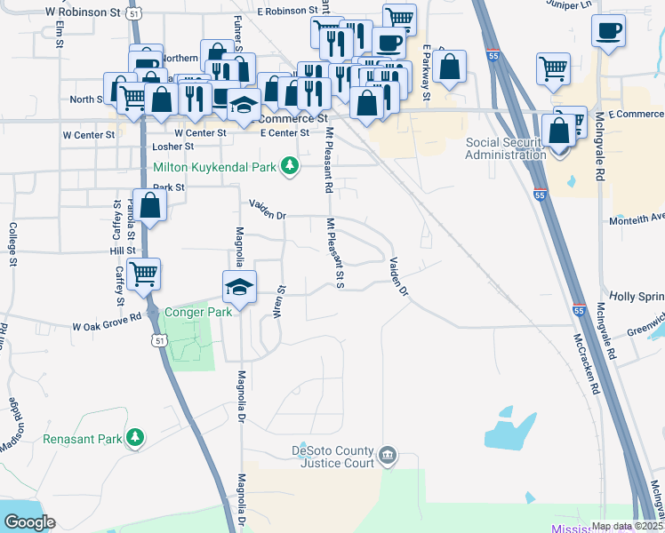 map of restaurants, bars, coffee shops, grocery stores, and more near 2891 Mount Pleasant Street South in Hernando