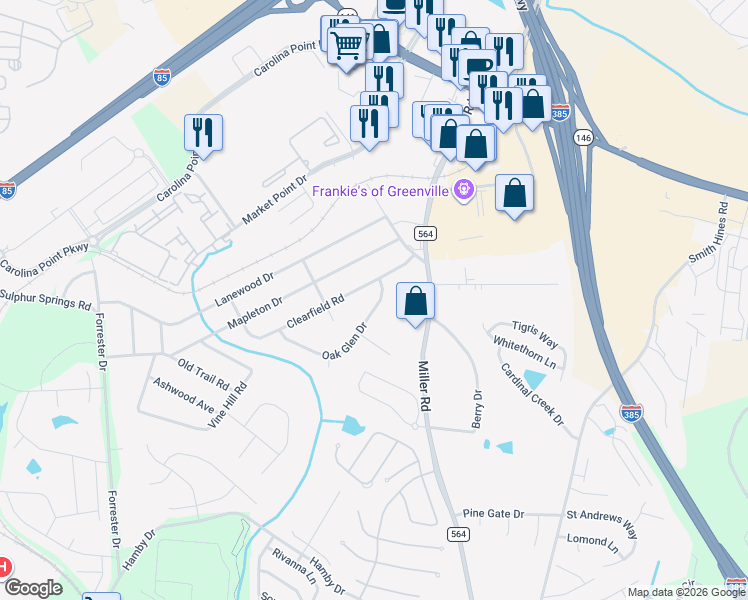 map of restaurants, bars, coffee shops, grocery stores, and more near 15 Clearfield Road in Greenville