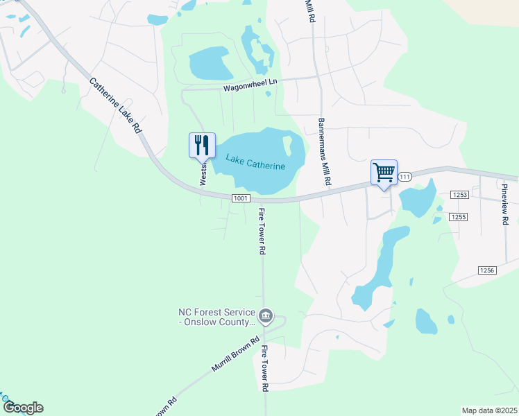 map of restaurants, bars, coffee shops, grocery stores, and more near 2105 Catherine Lake Road in Richlands