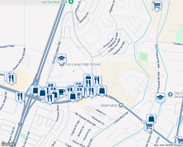 map of restaurants, bars, coffee shops, grocery stores, and more near 450 Los Cerritos in Los Lunas
