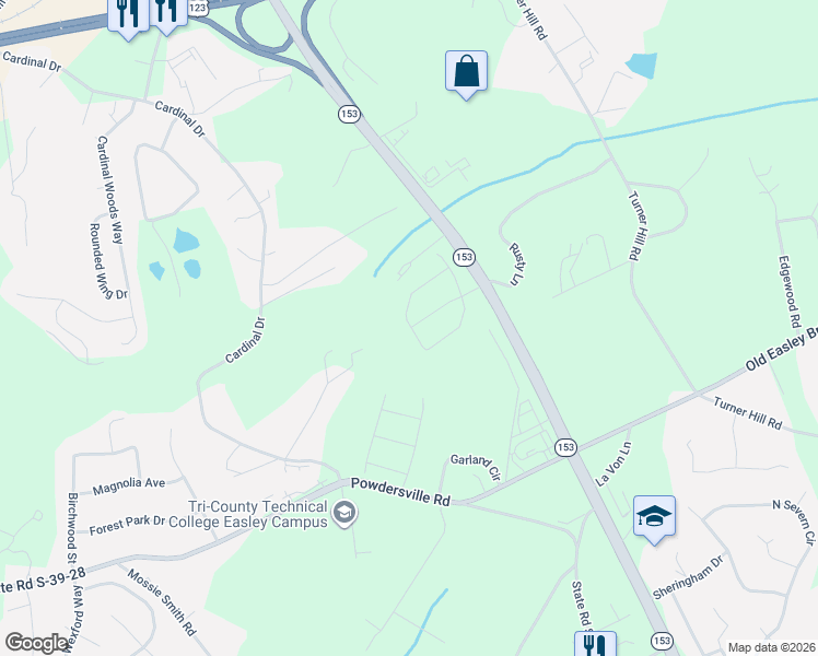 map of restaurants, bars, coffee shops, grocery stores, and more near 150 Landis Road in Easley