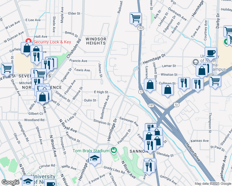 map of restaurants, bars, coffee shops, grocery stores, and more near Railroad Avenue in Florence