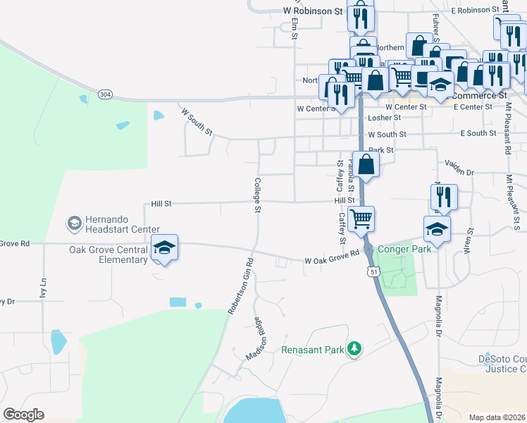 map of restaurants, bars, coffee shops, grocery stores, and more near 2894 College Street in Hernando