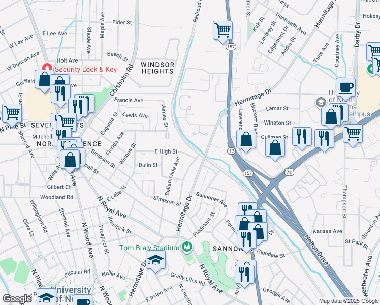 map of restaurants, bars, coffee shops, grocery stores, and more near Railroad Avenue in Florence