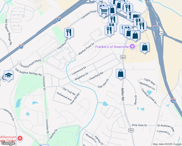 map of restaurants, bars, coffee shops, grocery stores, and more near 410 Mapleton Drive in Greenville