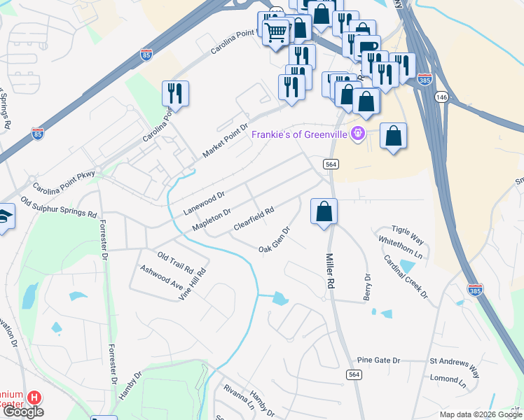 map of restaurants, bars, coffee shops, grocery stores, and more near 28 Clearfield Road in Greenville