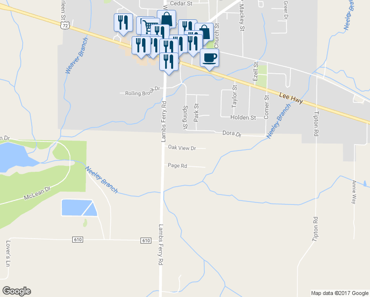 map of restaurants, bars, coffee shops, grocery stores, and more near Oak View Drive in Rogersville