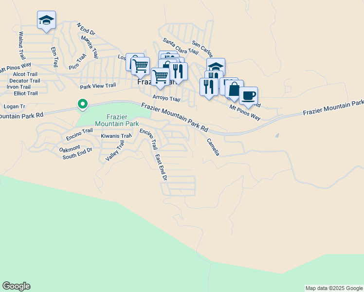 map of restaurants, bars, coffee shops, grocery stores, and more near 3432 Michigan Trail in Frazier Park
