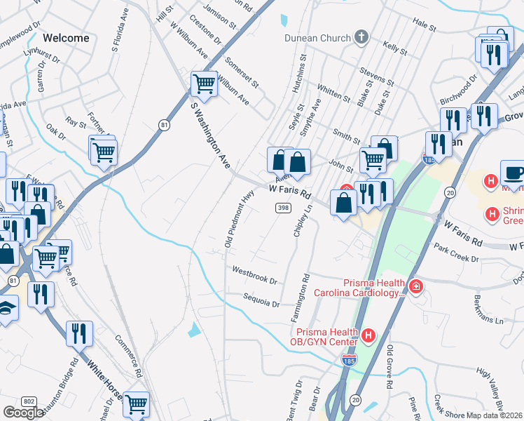 map of restaurants, bars, coffee shops, grocery stores, and more near 10 Dempsey Street in Greenville
