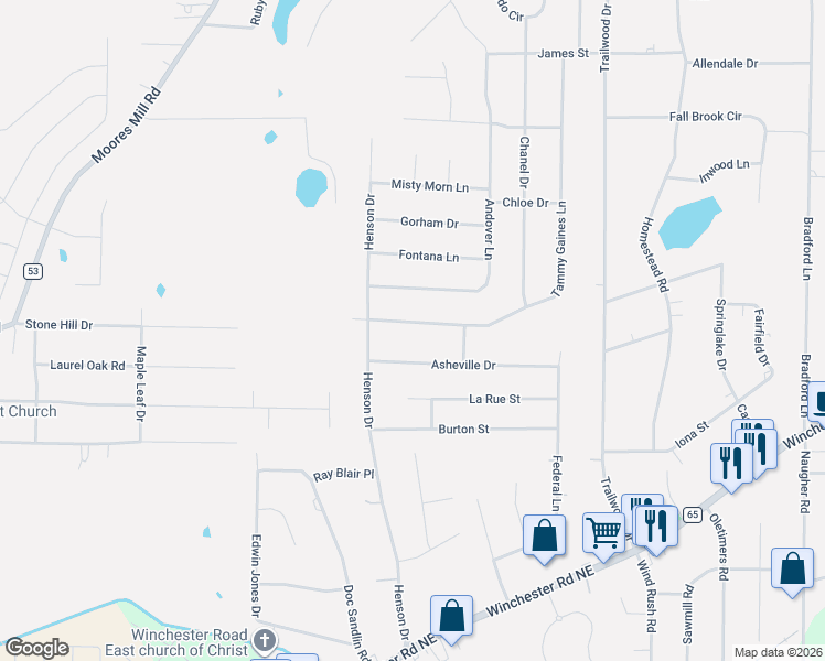 map of restaurants, bars, coffee shops, grocery stores, and more near 185 Tammy Gaines Lane in Huntsville